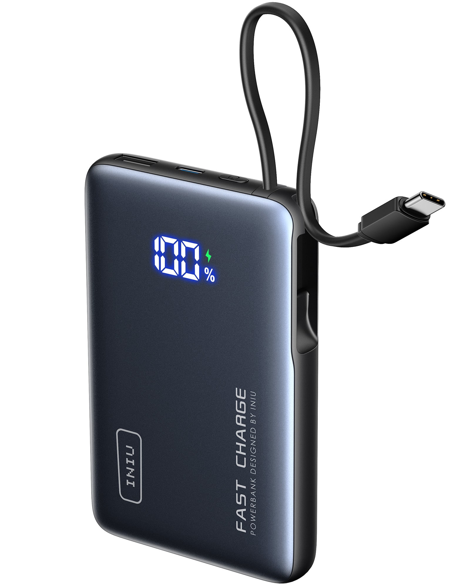 INIU - Pocket Power 10K Power Bank with Built-In USB C Cable, Compact 10000mAh PD 20W (IN&OUT) for iPhone, Samsung etc - Black - Front_Zoom