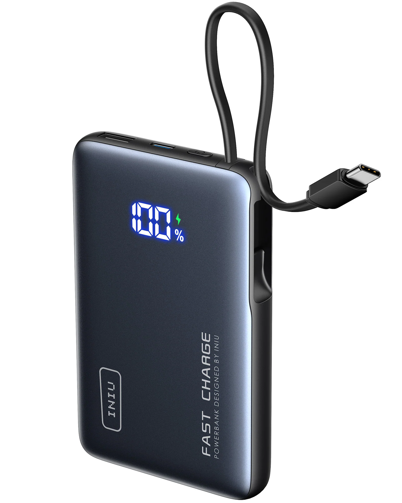 INIU - Pocket Power 10K Power Bank with Built-In USB C Cable, Compact 10000mAh PD 20W (IN&OUT) for iPhone, Samsung etc - Black