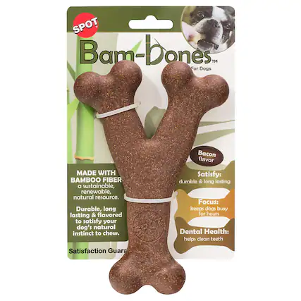 SPOT Bam-Dones™ For Dogs Bacon flavor
MADE WITH BAMBOO FIBER
a sustainable, renewable, natural resource.
Durable, long lasting & flavored to satisfy your dog's natural instinct to chew.
Satisfy:
durable & long lasting
Focus:
keeps dogs busy for hours
Dental Health:
helps clean teeth
Satisfaction Guarante