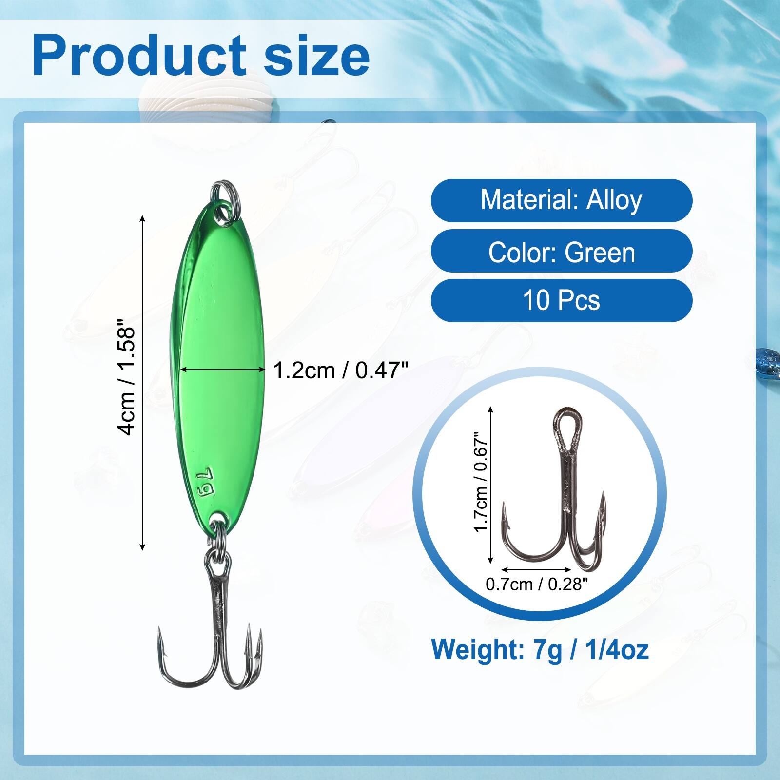 Product size: 4cm / 1.58"  
Material: Alloy  
Color: Green  
10 Pcs  
Weight: 7g / 1/4oz