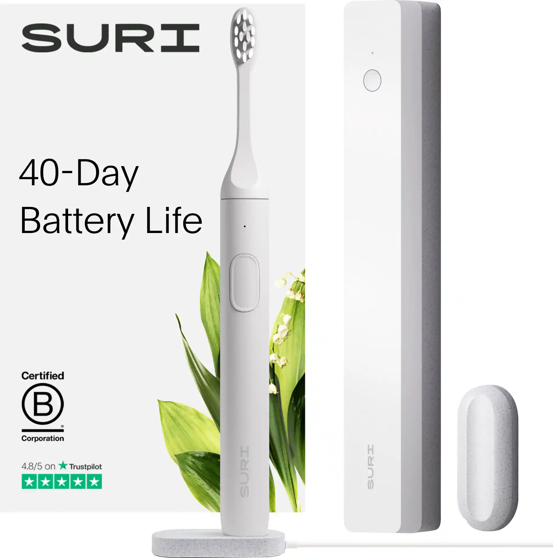 SURI - S1 Electric Toothbrush with UV Light Cleaning and Charging Case and Mirror Mount - White