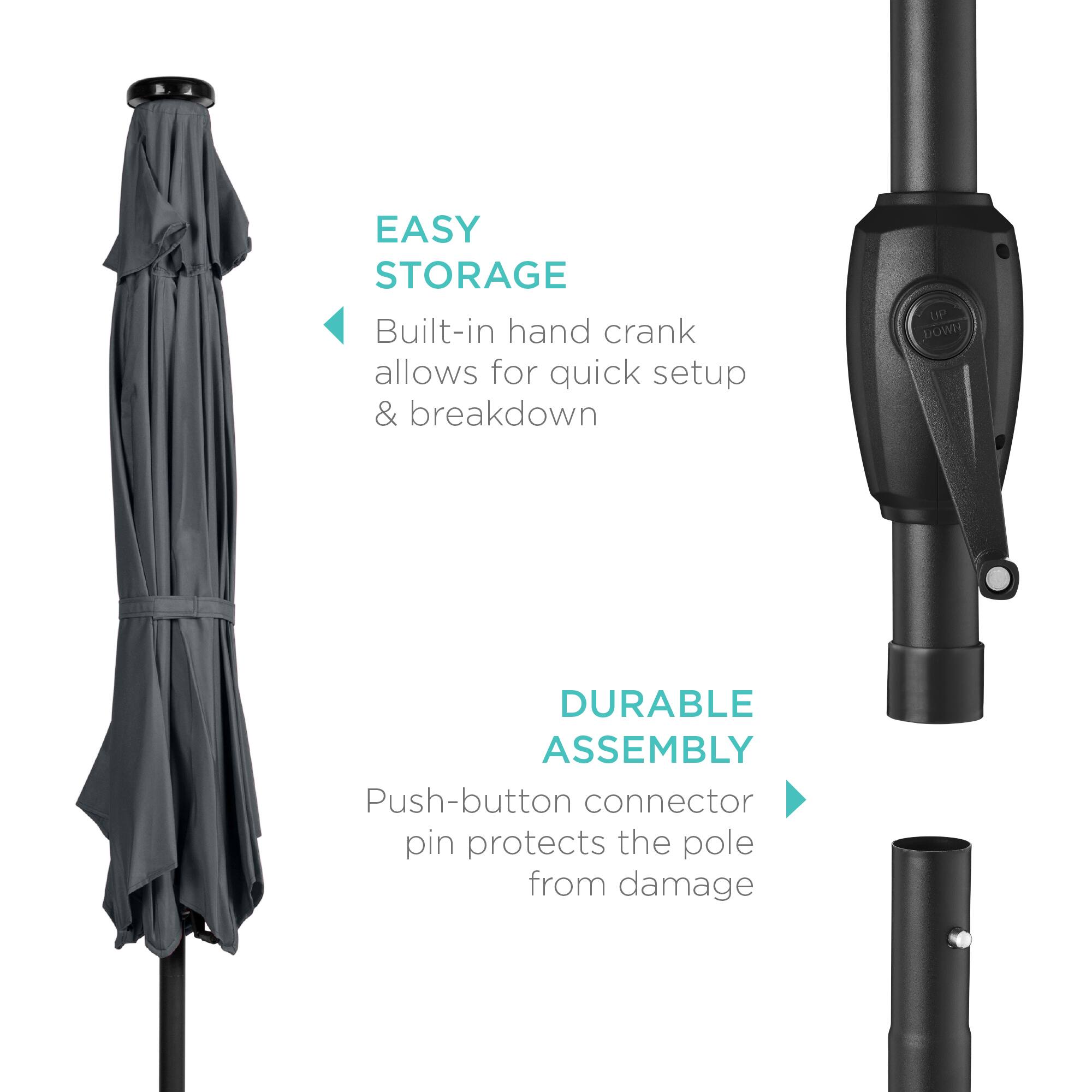 EASY STORAGE  
Built-in hand crank allows for quick setup & breakdown  

DURABLE ASSEMBLY  
Push-button connector pin protects the pole from damage