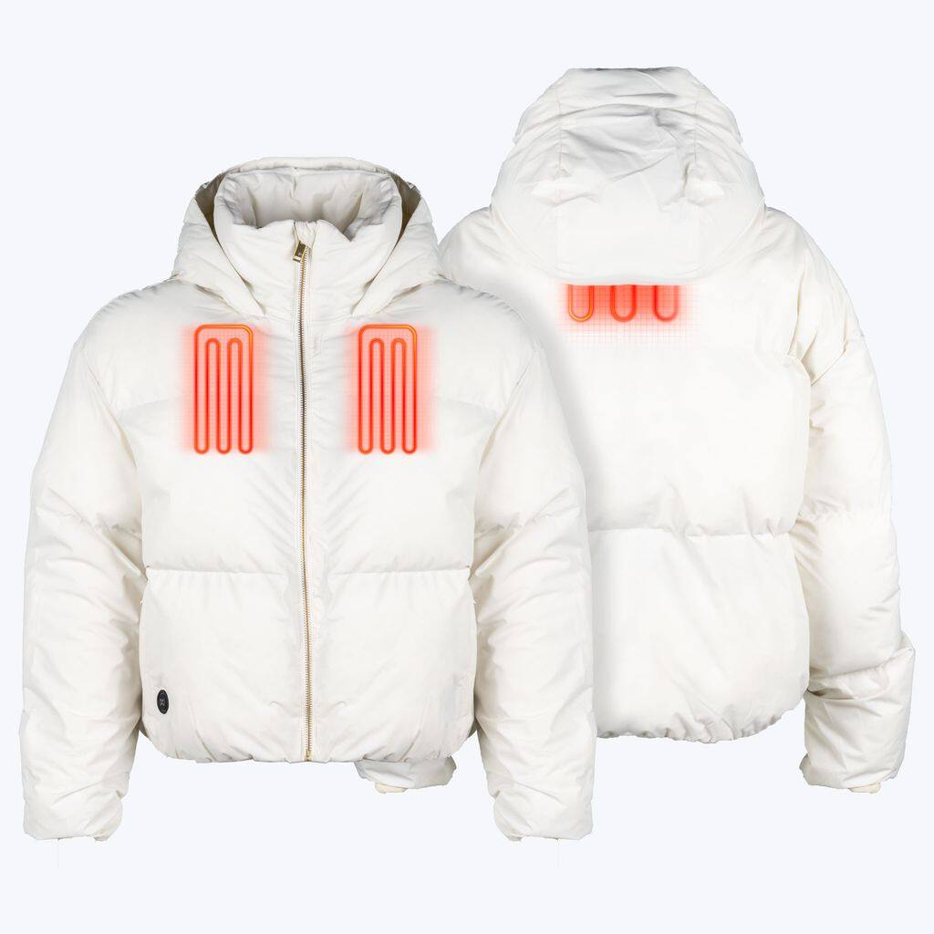 Angle. Mobile Warming - App Controlled Women's Cloud IX Crop Puffer Heated Jacket - Cream.