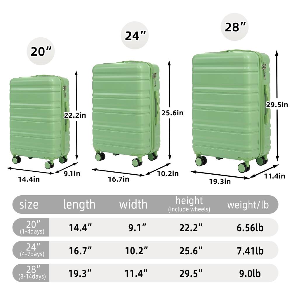 20"  
24"  
28"  
22.2in  
25.6in  
29.5in  
14.4in  
9.1in  
16.7in  
10.2in  
19.3in  
11.4in  
size 20" (1-4days)  
length 14.4"  
width 9.1"  
height weight/lb (include wheels) 22.2" 6.56lb  
24" (4-7days) 28" (8-14days)  
16.7" 19.3"  
10.2" 11.4"  
25.6" 29.5"  
7.41lb 9.0lb