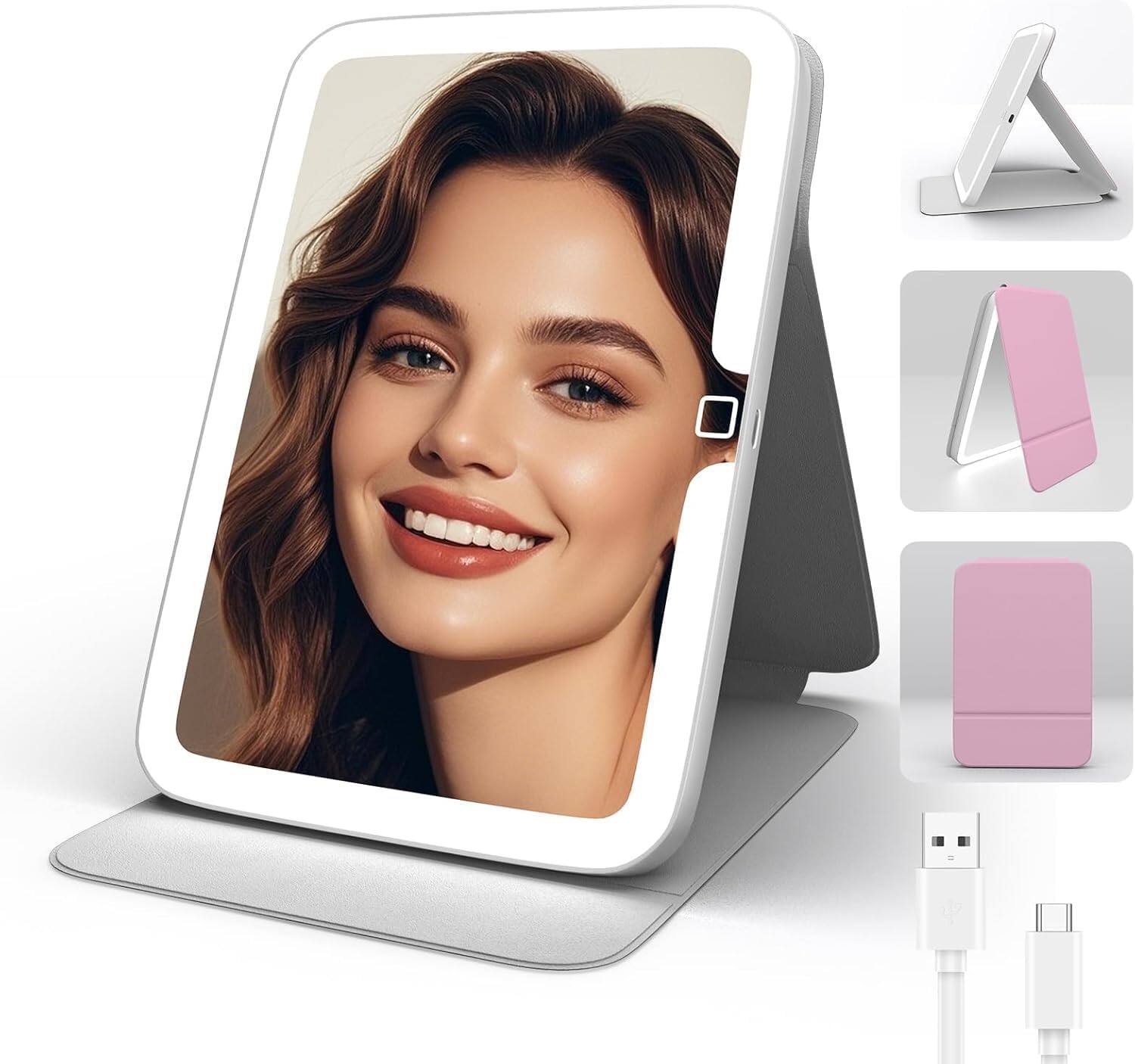 Alt View 4. Stamp n Camp - Travel Makeup Mirror with Light, Portable LED Lighted Make Up Stand, Folding Light Cosmetic Vanity for Desk, Dimmable - Black.