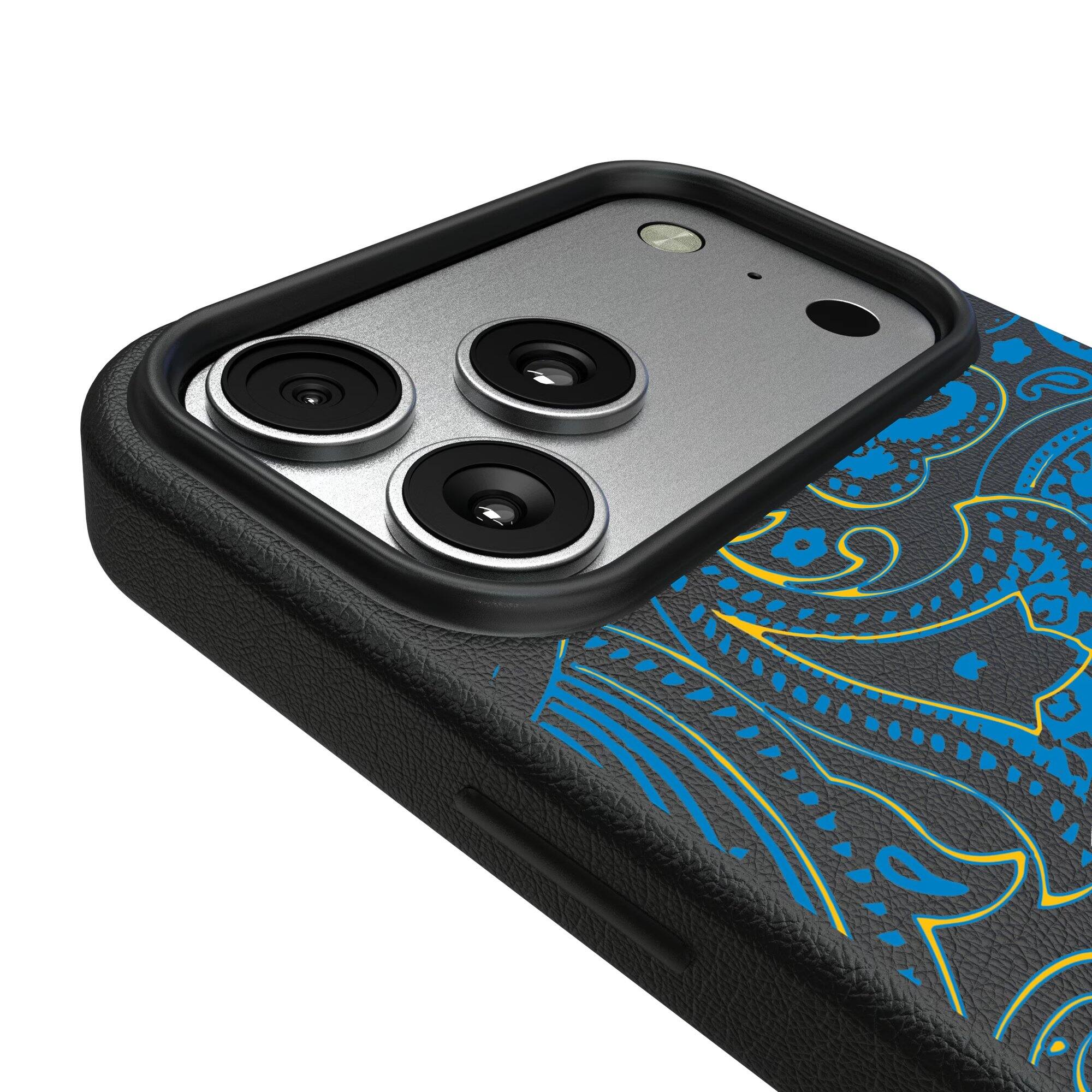Alt View 2. Keyscaper - Los Angeles Chargers Paisley iPhone Magnetic Bump Case - 17 Pro - Black.