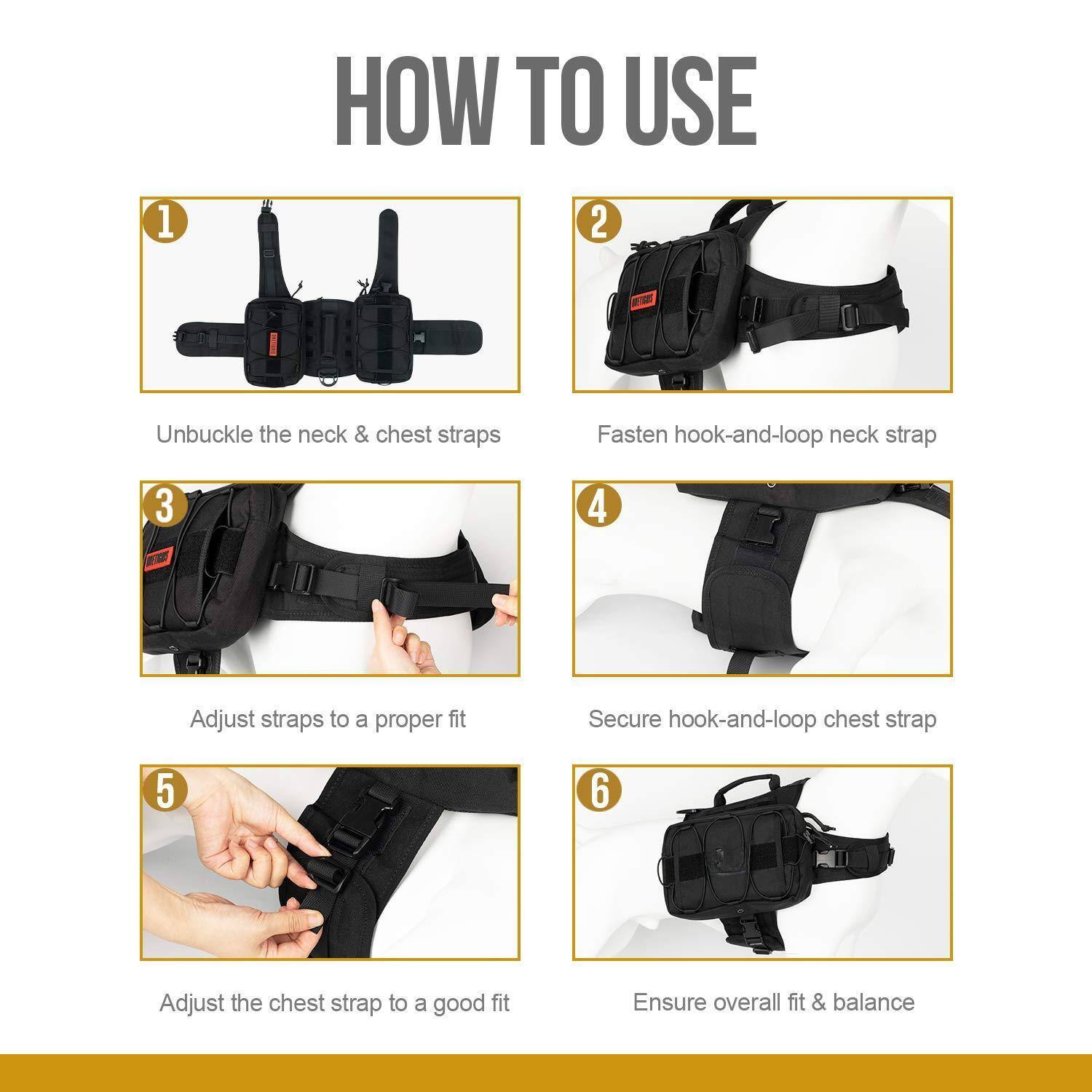 1. Unbuckle the neck & chest straps
2. Fasten hook-and-loop neck strap
3. Adjust straps to a proper fit
4. Secure hook-and-loop chest strap
5. Adjust the chest strap to a good fit
6. Ensure overall fit & balance