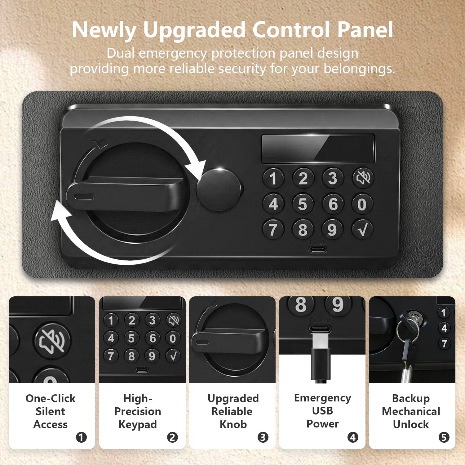 Newly Upgraded Control Panel  
Dual emergency protection panel design providing more reliable security for your belongings.  

1. One-Click Silent Access  
2. High-Precision Keypad  
3. Upgraded Reliable Knob  
4. Emergency Backup USB Mechanical Power Unlock  

- 1 4 7 2 3 5 6 8 9 DCISV  
- 0 1 4 7 2 5 8 3 6 9 E 0 8 9 DC/5V SV