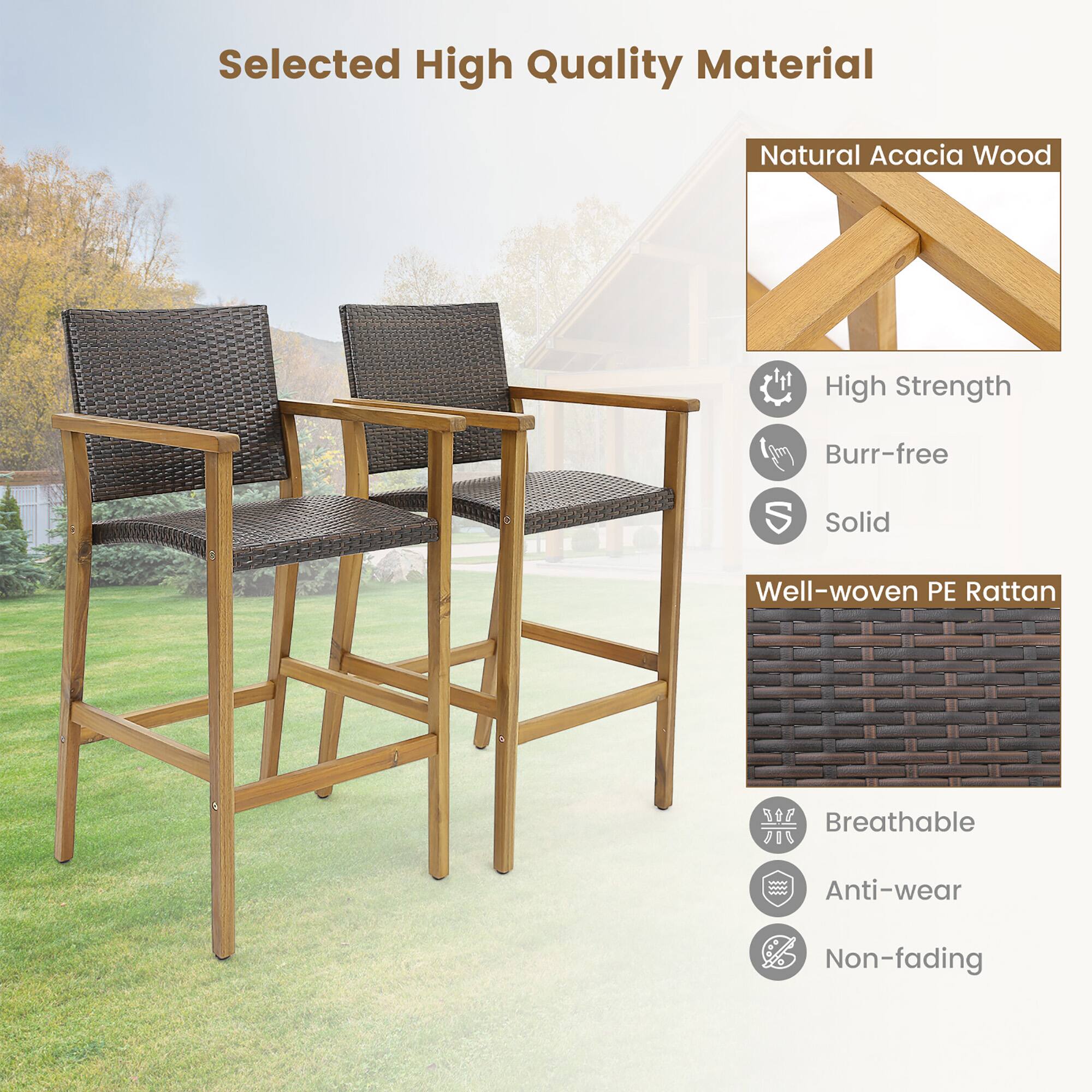 Selected High Quality Material

Natural Acacia Wood
- High Strength
- Burr-free
- Solid

Well-woven PE Rattan
- Breathable
- Anti-wear
- Non-fading