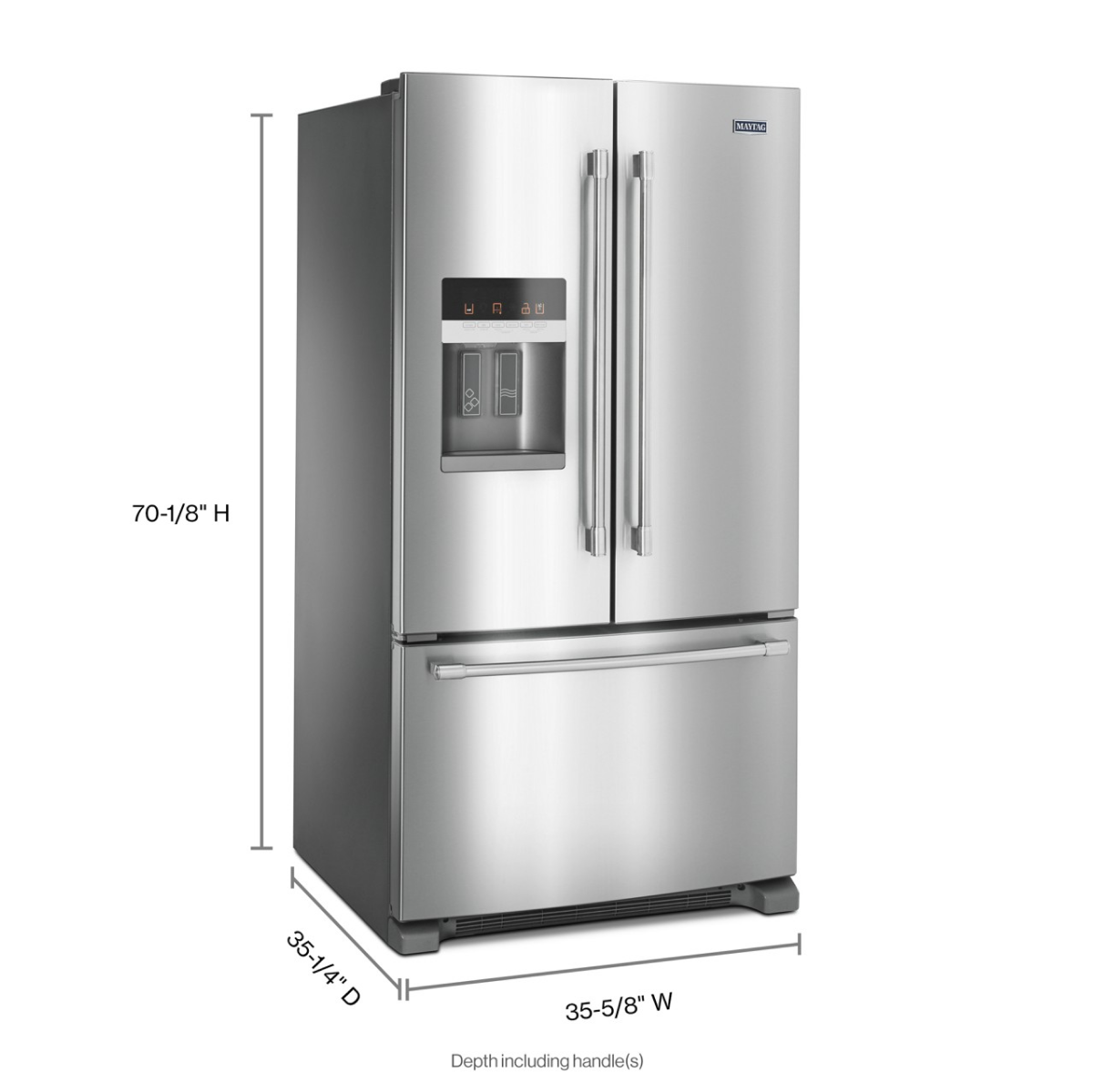 - Height: 70-1/8"
- Depth: 35-1/4"
- Width: 35-5/8"
- Depth including handle(s)