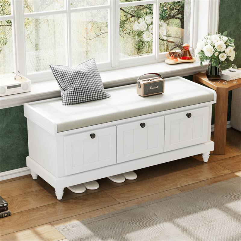 Alt View 10. HTUTWOO - Shoe Storage Bench for Living Room Entryway Hallways - Bench with Cushion and Three Drawers, Fluted Entryway Bench - White.