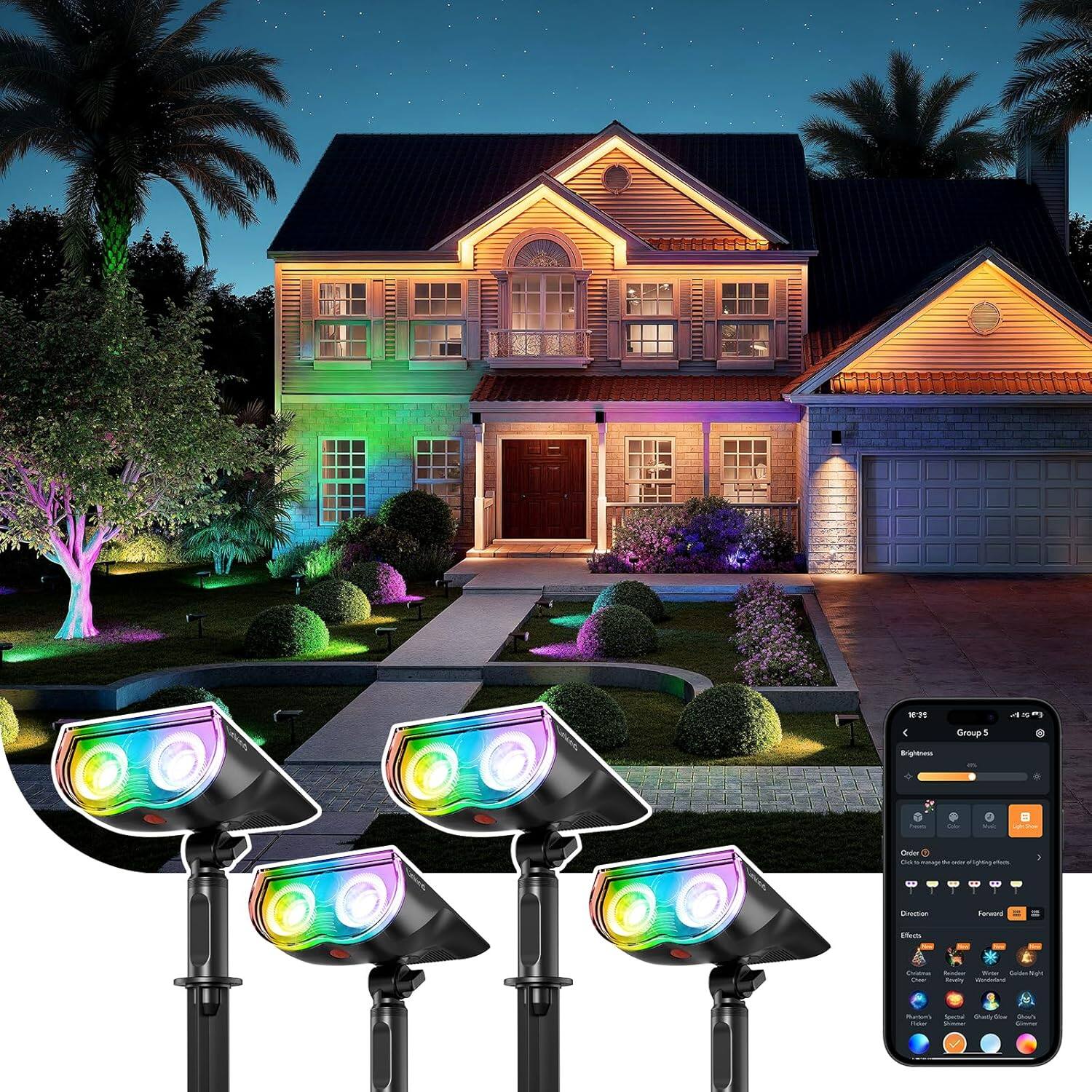 Linkind - Smart Solar Spotlights Outdoor SL5C, APP/Voice Control, IP67 Waterproof, 4 Pack - Multicolor