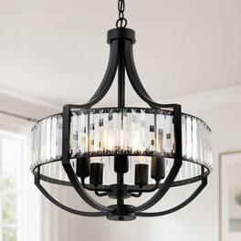 RYHNUYNE - 20-Inch 5-Light Black Farmhouse Crystal Chandelier with Adjustable Hanging Cord, Antique-Style Round Pendant