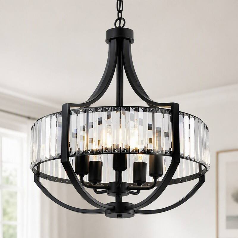 RYHNUYNE - 20-Inch 5-Light Black Farmhouse Crystal Chandelier with Adjustable Hanging Cord, Antique-Style Round Pendant