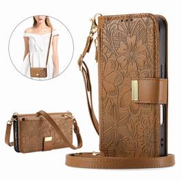 Dteck - Floral Embossed Leather Zipper Cash Slot Wallet Case for Apple iPhone 17e & Apple iPhone 16e with Detachable Strap - Brown