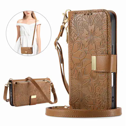 Front. Dteck - Floral Embossed Leather Zipper Cash Slot Wallet Case for Motorola Edge (2025) with Detachable Strap - Brown.