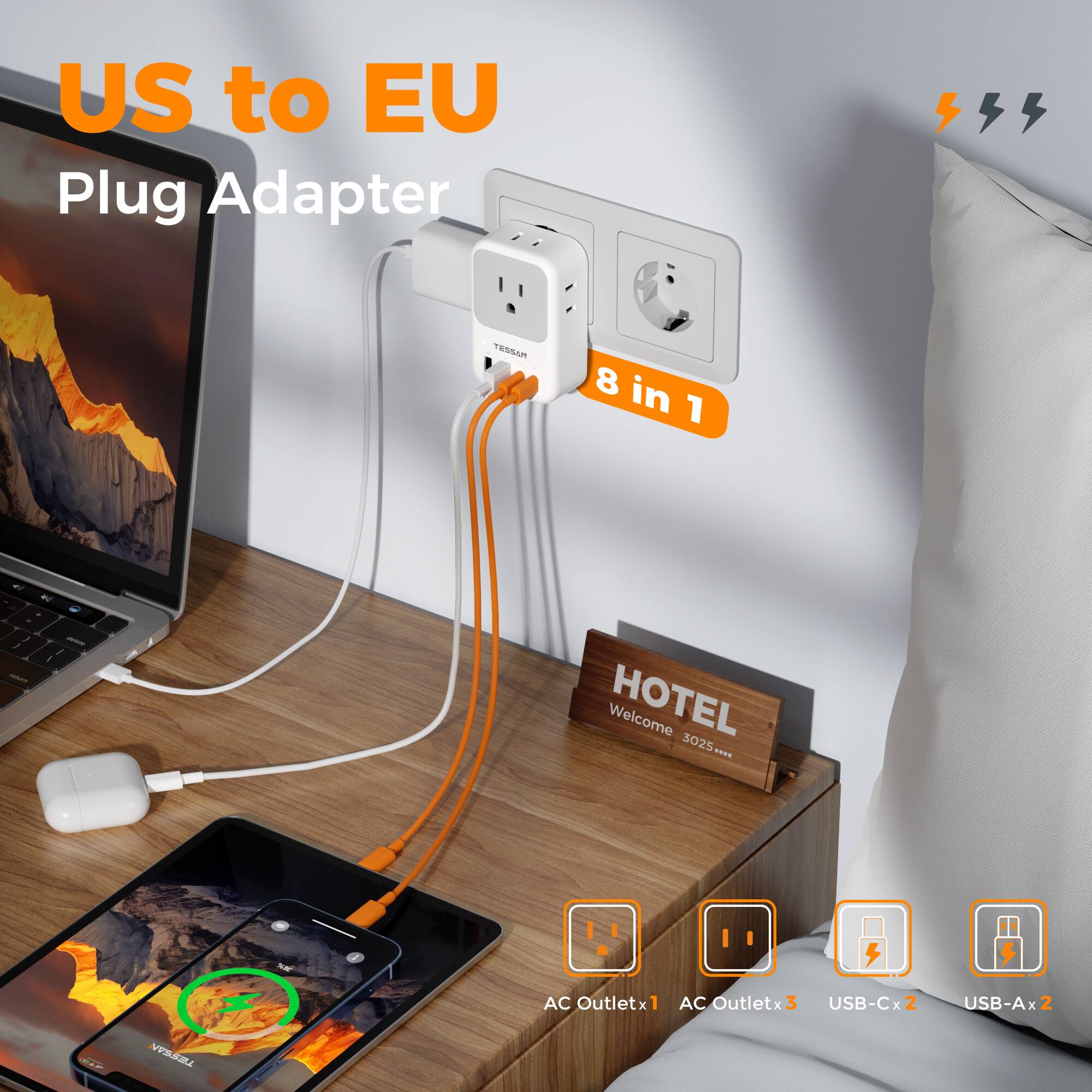 US to EU Plug Adapter TOSA 8 in 1

- HOTEL Welcome 3025+ ....
- AC Outletx1
- AC Outletx3
- USB-Cx2
- USB-Ax2