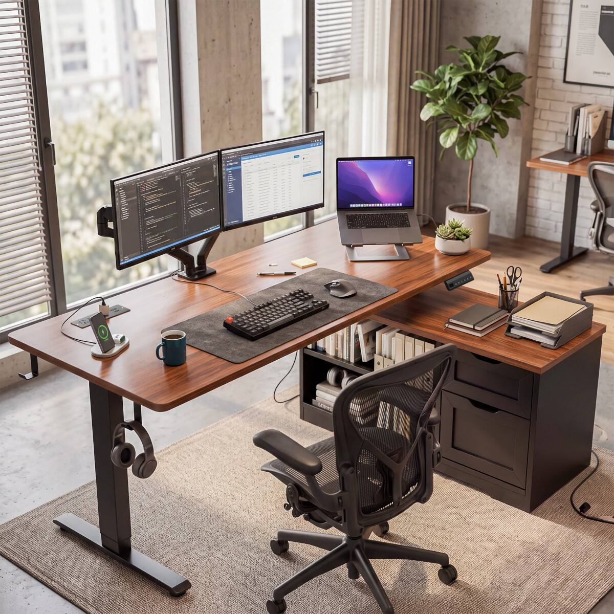 Front. Furnulem - L Shaped Electric Height Adjustable Standing Desk with File Cabinet Power Outlet Storage Drawer for Home Office - Walnut.