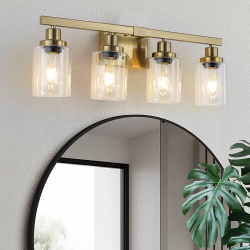 Back. LUCKY ONE - 24in Wall Mount Vanity Light, 4-Light Gold Iron Sconce with Clear Glass Shades for Bathroom - Gold.