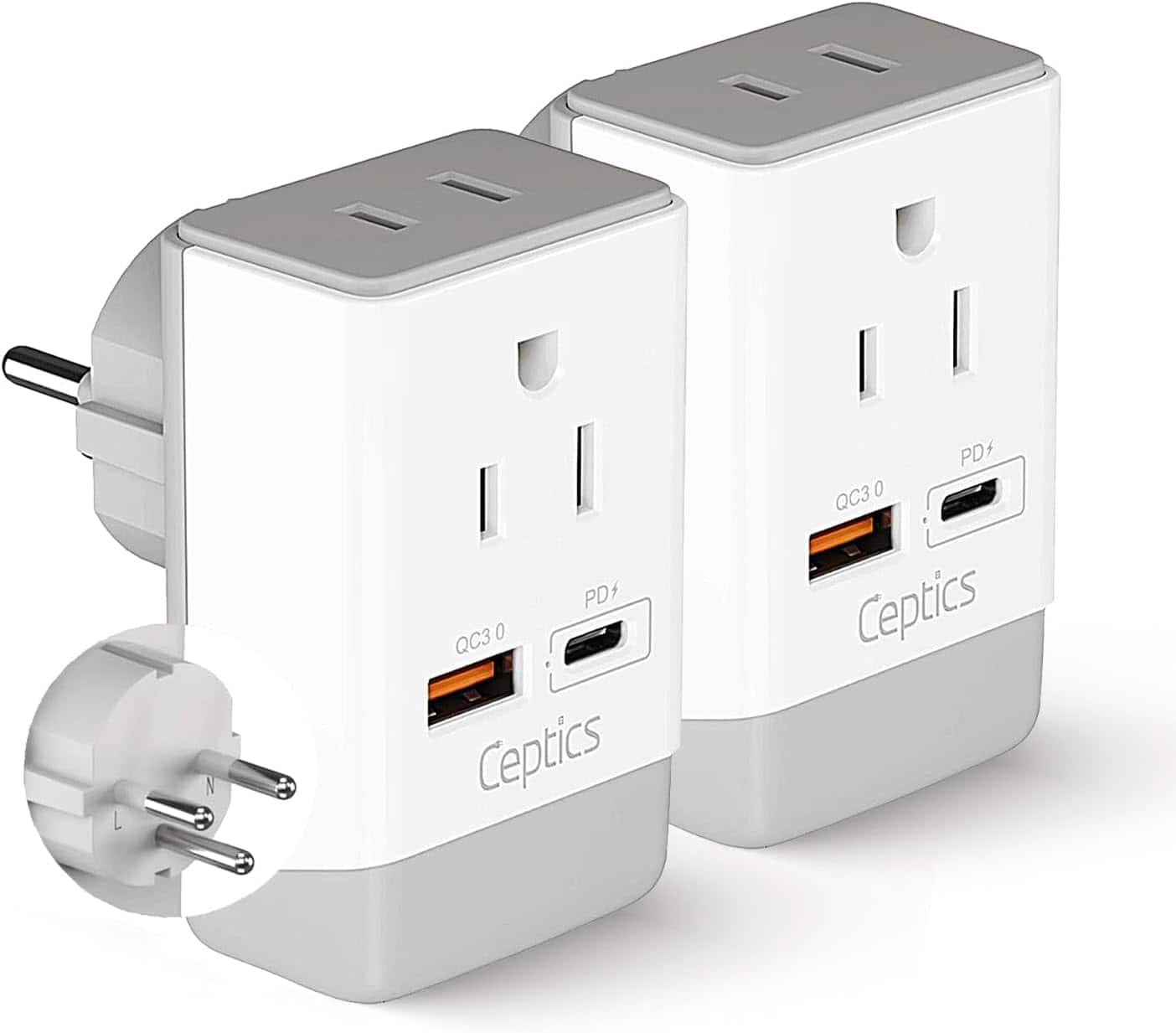 Ceptics - Israel Travel Adapter 2 Pack Set, QC 3.0 & PD, Safe Dual USB & USB-C - 2 USA Socket Compact & Powerful - White