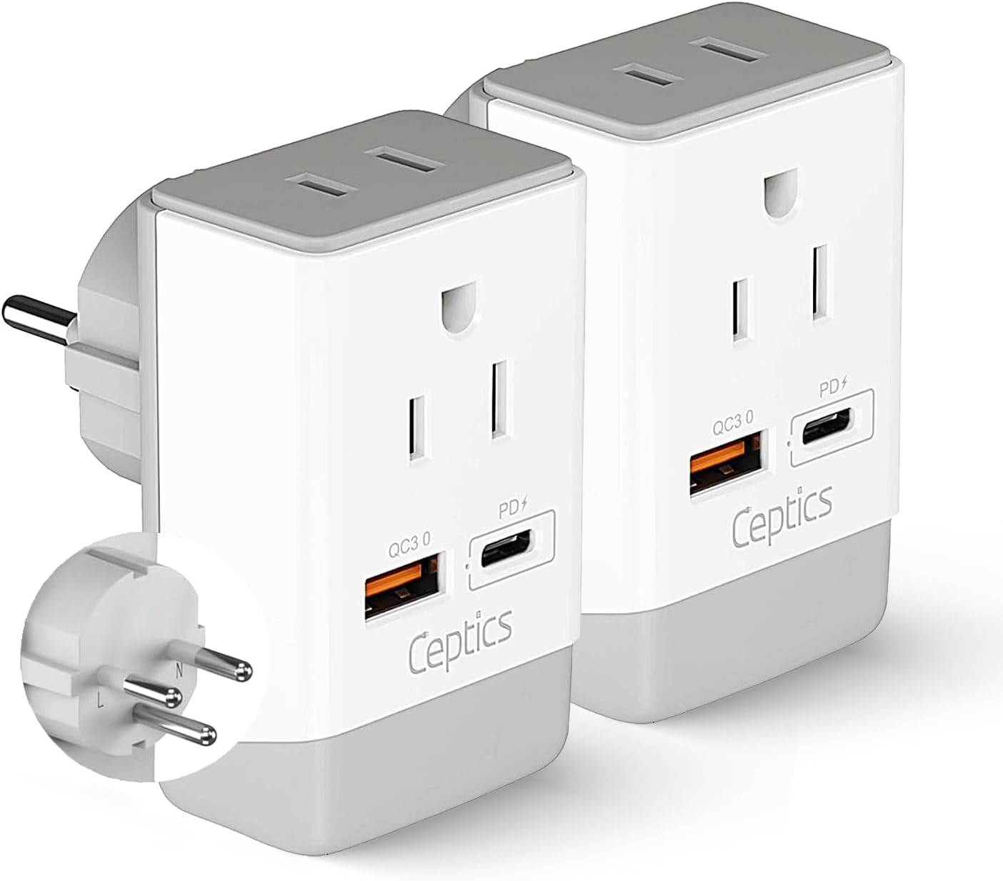 Ceptics - Israel Travel Adapter 2 Pack Set, QC 3.0 & PD, Safe Dual USB & USB-C - 2 USA Socket Compact & Powerful - White