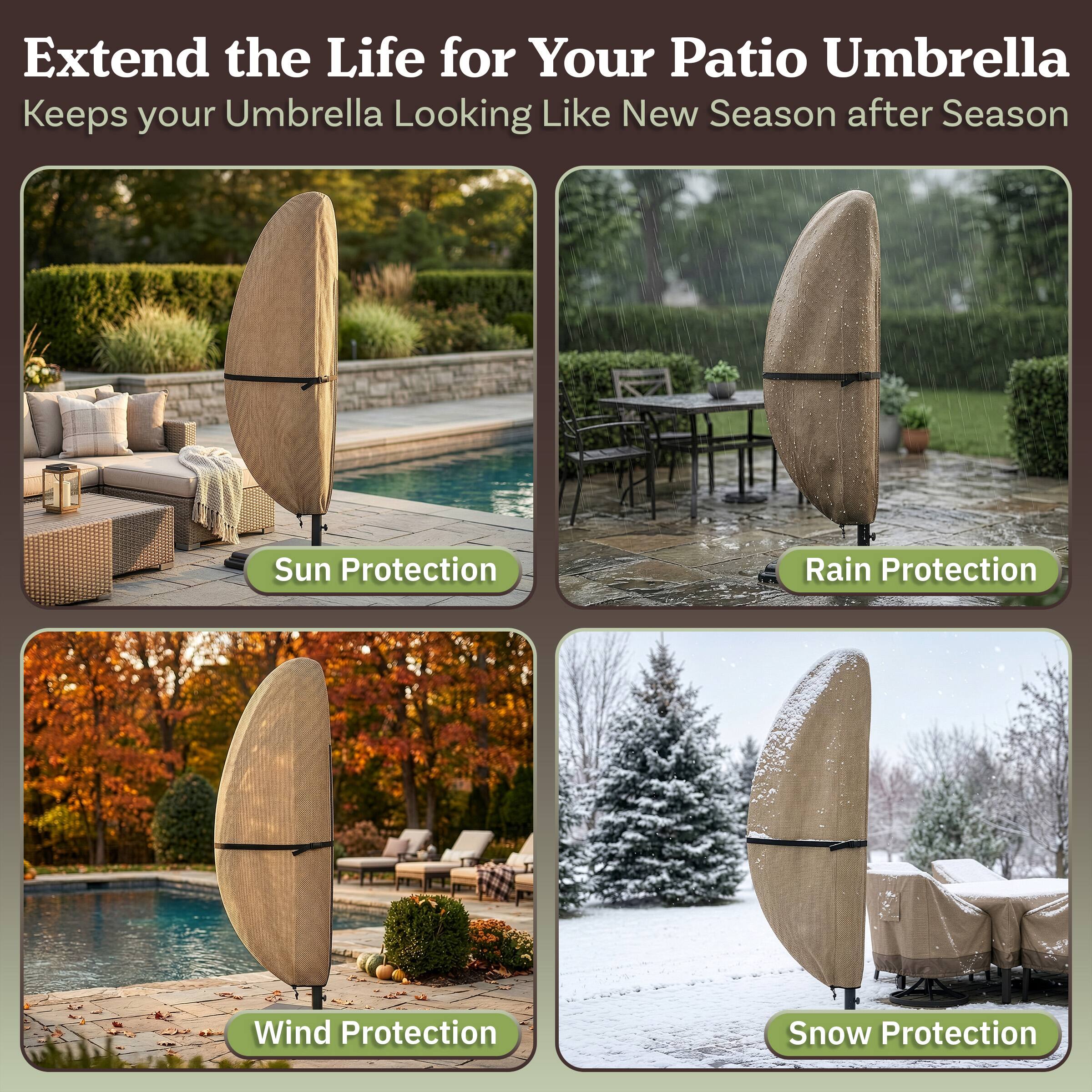 Extend the Life for Your Patio Umbrella  
Keeps your Umbrella Looking Like New Season after Season

- Sun Protection
- Rain Protection
- Wind Protection
- Snow Protection