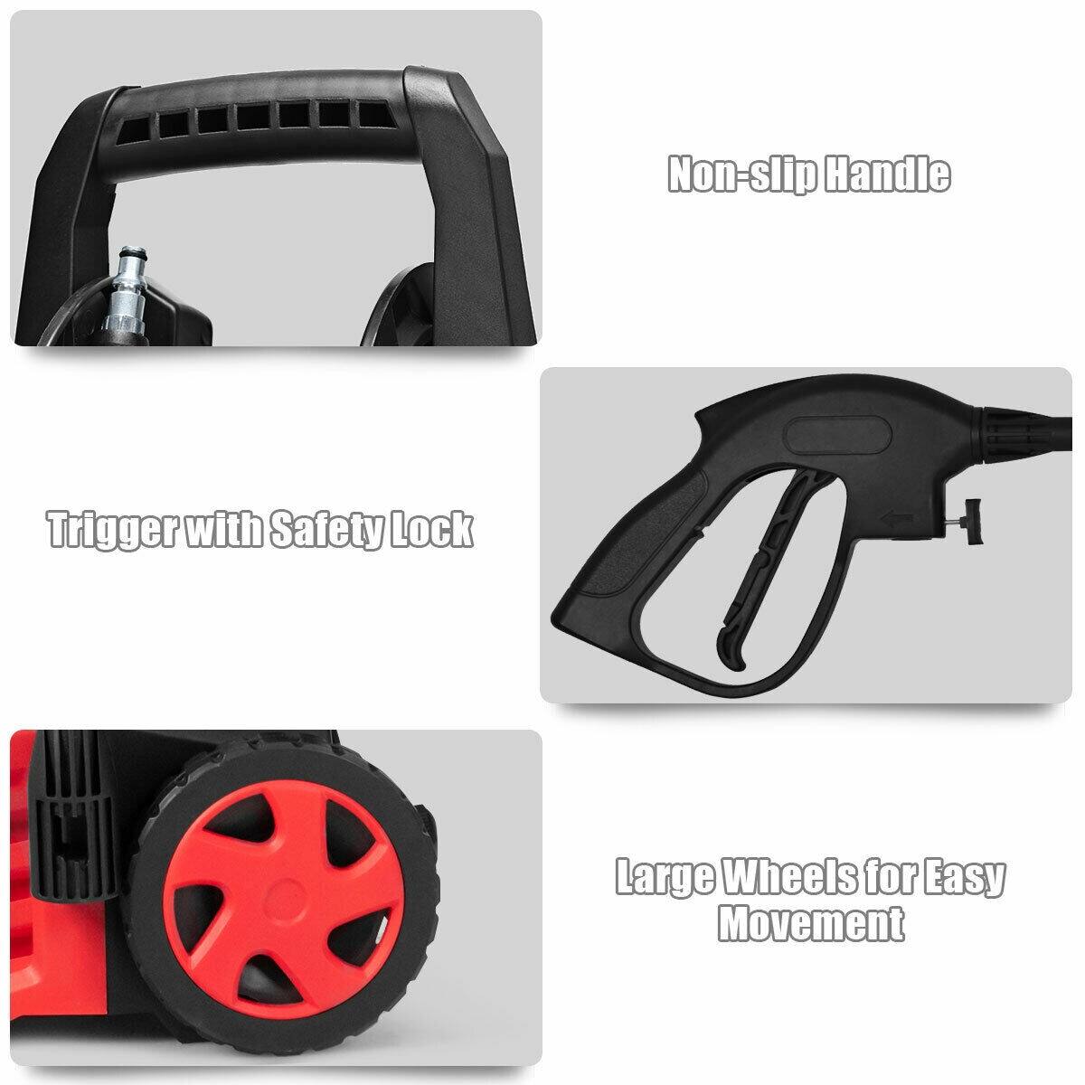 Non-slip Handle
Trigger with Safety Lock
Large Wheels for Easy Movement