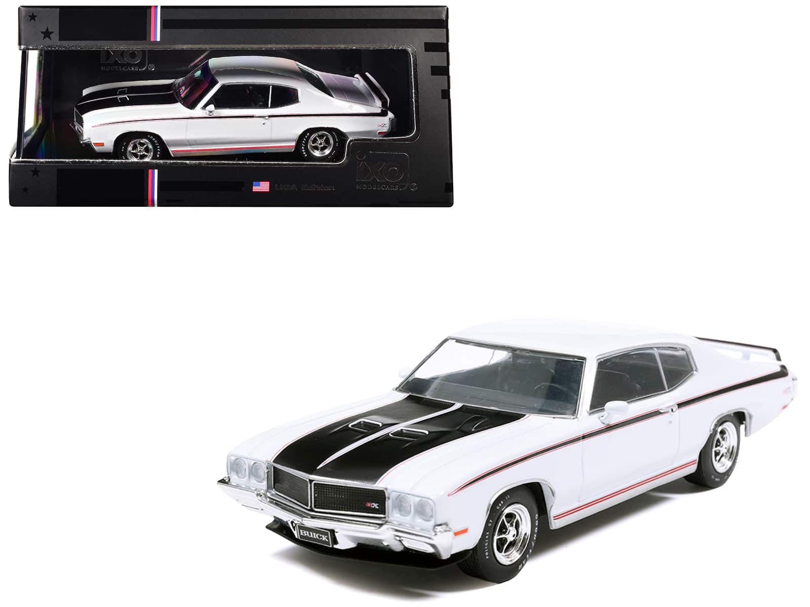 1970 Buick GSX Apollo and Red Stripes 1/43 Diecast Model by IXO Models - White with Black