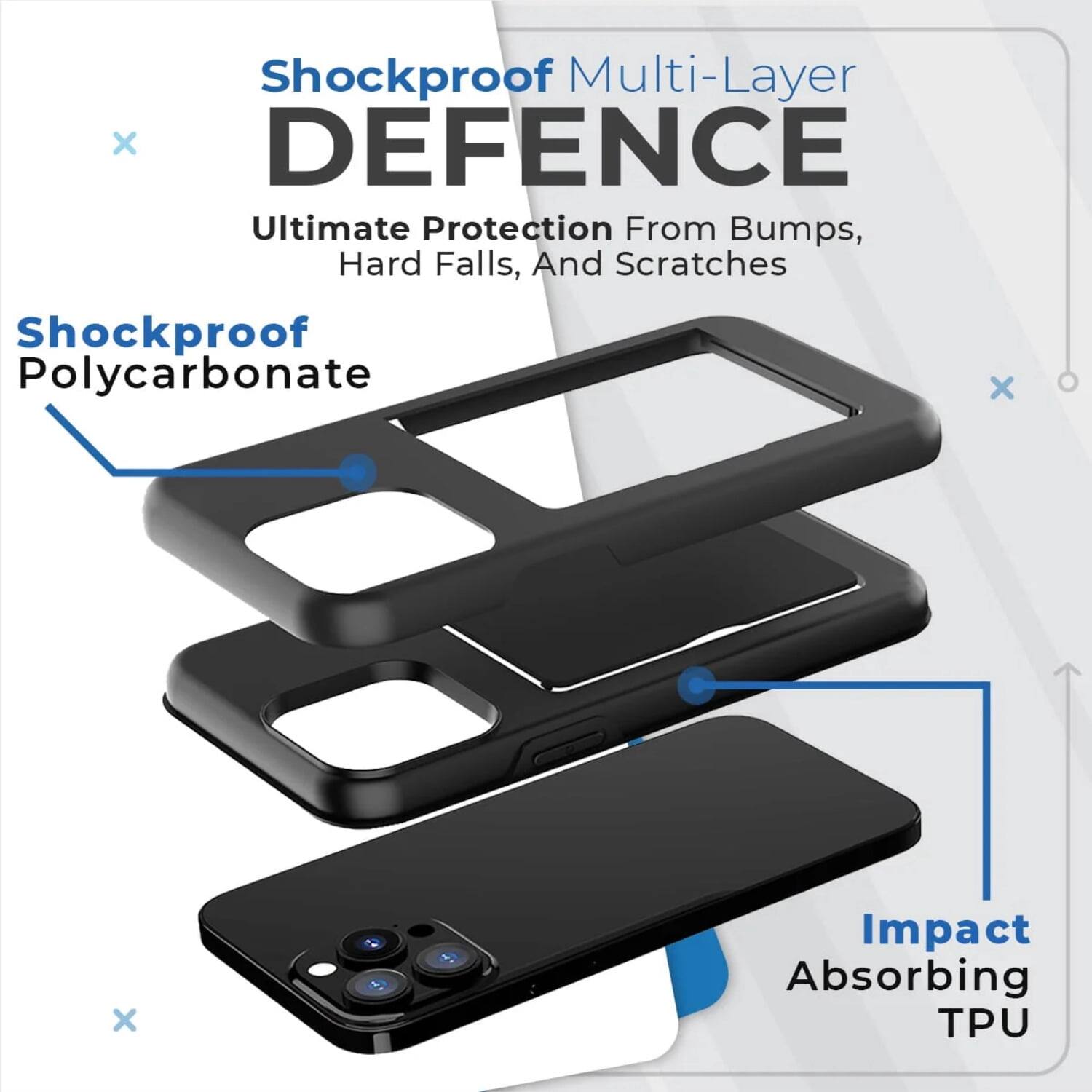 Shockproof Multi-Layer DEFENCE  
Ultimate Protection From Bumps, Hard Falls, And Scratches  

Shockproof Polycarbonate  

Impact Absorbing TPU