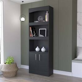 HTUTWOO - Bookcase with Three Shelves & Double Door Cabinet - Particle Board 71.10" Tall Storage Shelf with Framed Shelves - Beige
