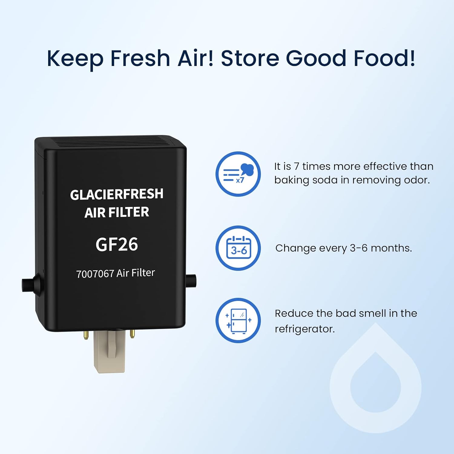 Keep Fresh Air! Store Good Food!

GLACIERFRESH AIR FILTER  
GF26  
7007067 Air Filter

- It is 7 times more effective than baking soda in removing odor.
- Change every 3-6 months.
- Reduce the bad smell in the refrigerator.