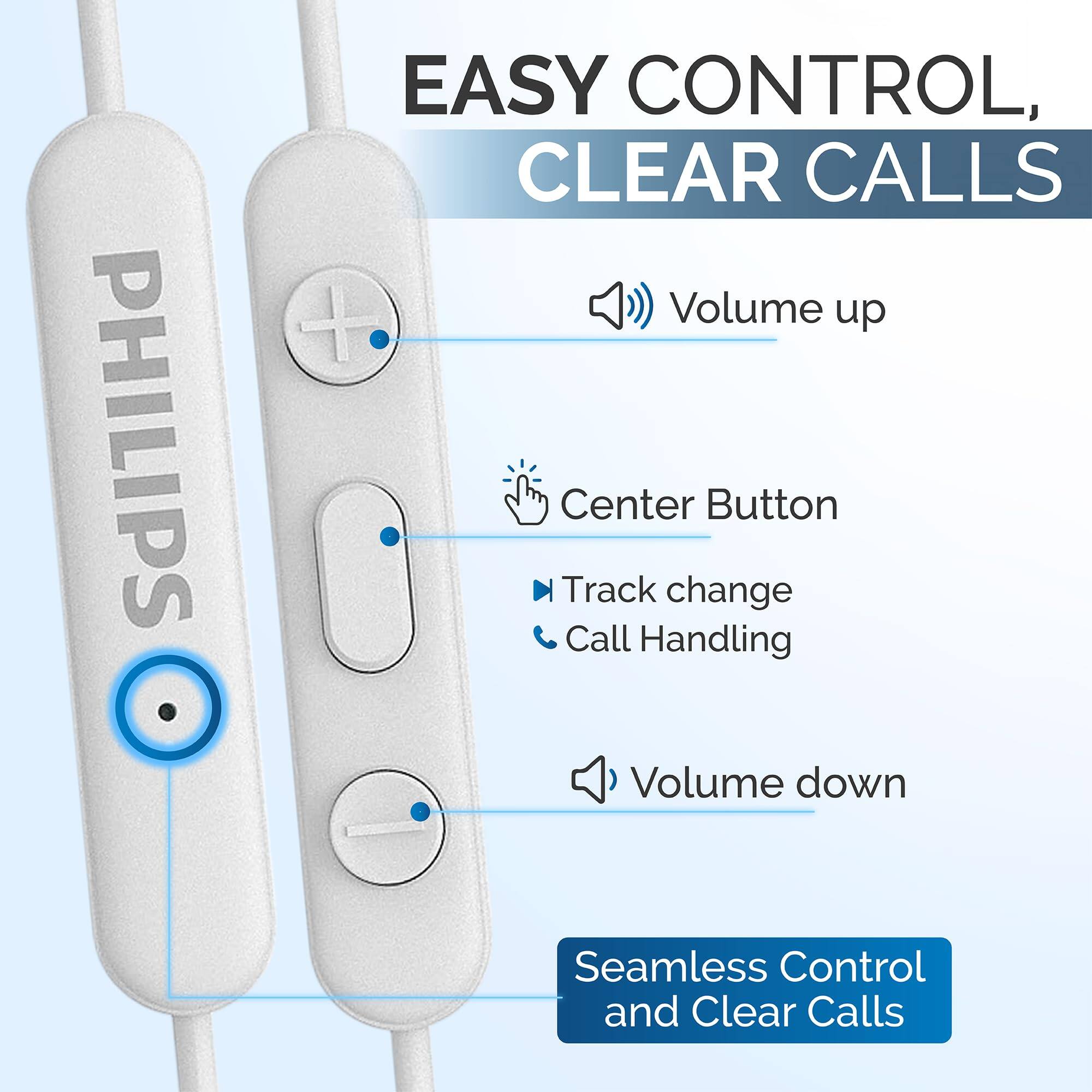 PHILIPS EASY CONTROL, CLEAR CALLS

- Volume up
- Center Button
  - Track change
  - Call Handling
- Volume down

Seamless Control and Clear Calls
