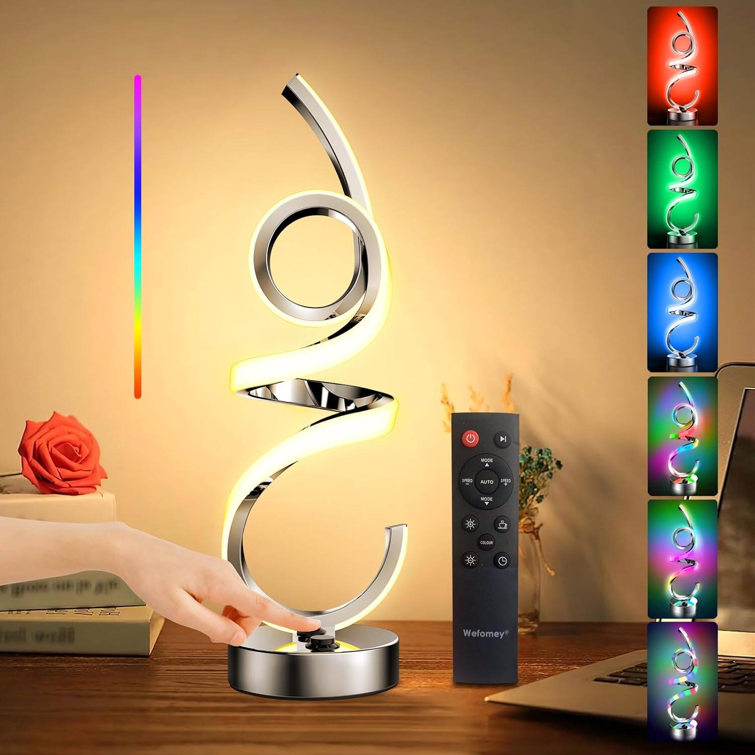 Stamp n Camp - LED Table Lamp Modern Bedside Table Light RGBW Warm Multicolor Changing Dimmable Nightstand Lamp with Smart App - Silver Spiral-Wireless-RGBW+IC