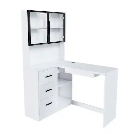 Front. Kadyn - L-Shaped Gaming Desk with Charger, Drawers and Bookshelf - White - White.