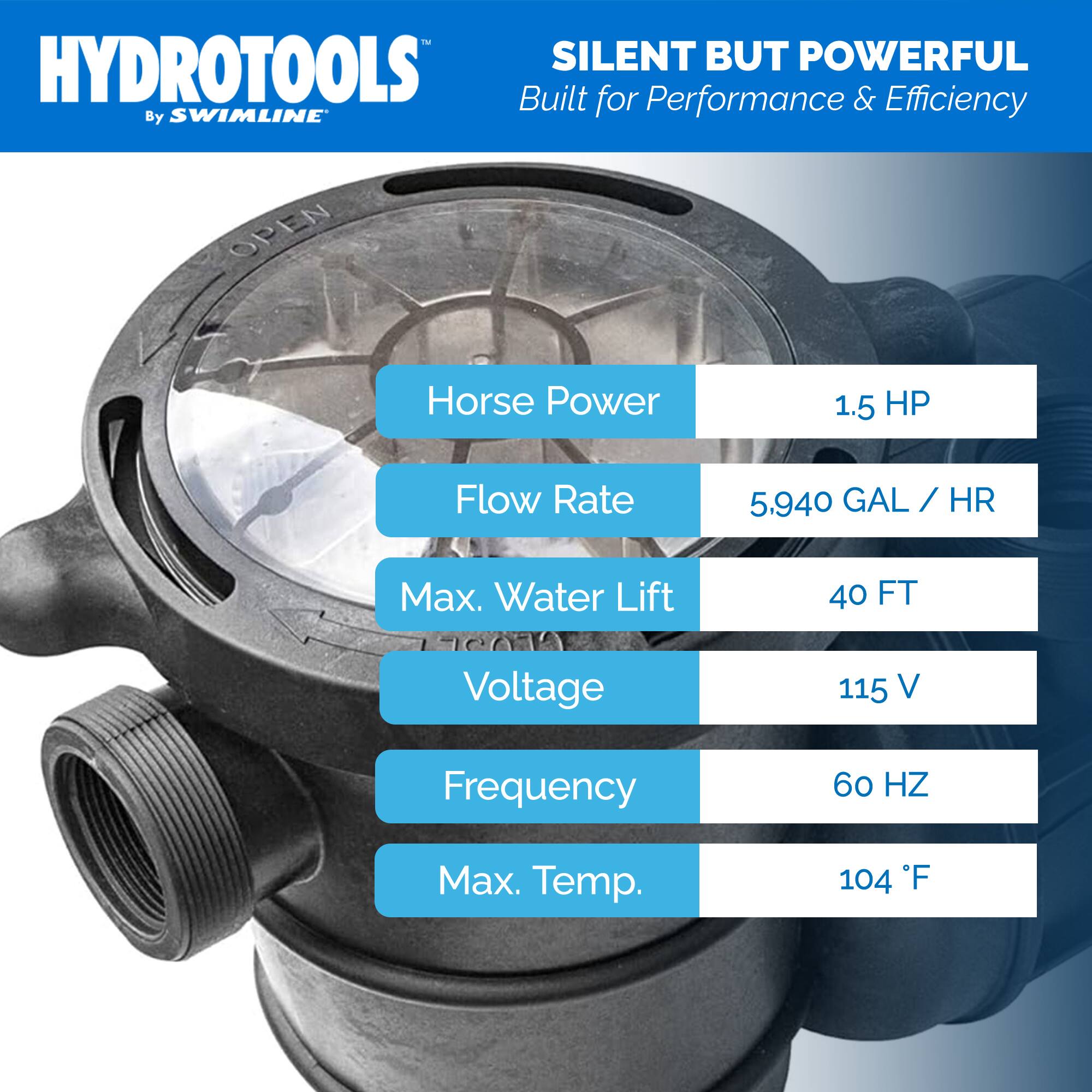 HYDROTOOLS  
By SWIMLINE  

SILENT BUT POWERFUL  
Built for Performance & Efficiency  

- Horse Power: 1.5 HP  
- Flow Rate: 5,940 GAL / HR  
- Max. Water Lift: 40 FT  
- Voltage: 115 V  
- Frequency: 60 HZ  
- Max. Temp.: 104 °F