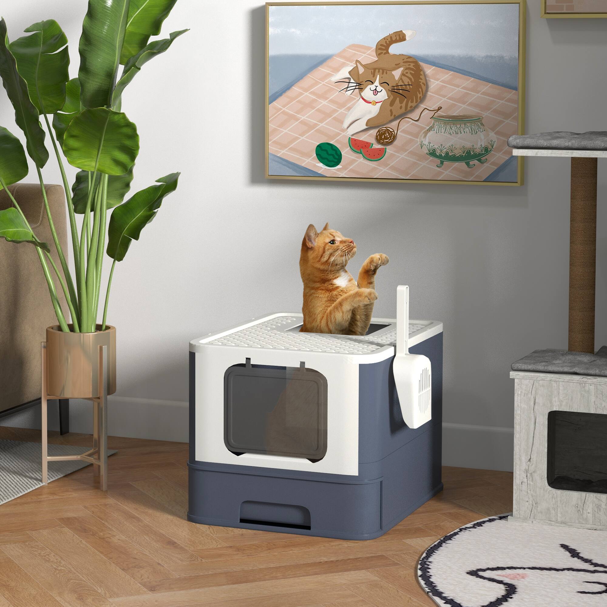 Angle. Pawhut - Cat Litter Box with Lid, Covered Large Cat Litter Box with Scoop, Front Entry and Top Exit, Large Adult Cats - White.