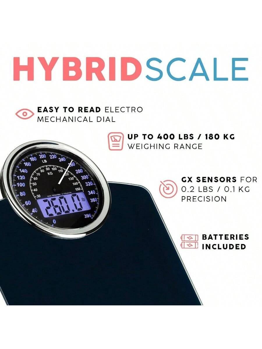 HYBRID SCALE

EASY TO READ ELECTRO MECHANICAL DIAL

UP TO 400 LBS / 180 KG WEIGHING RANGE

GX SENSORS FOR 0.2 LBS / 0.1 KG PRECISION

BATTERIES INCLUDED
