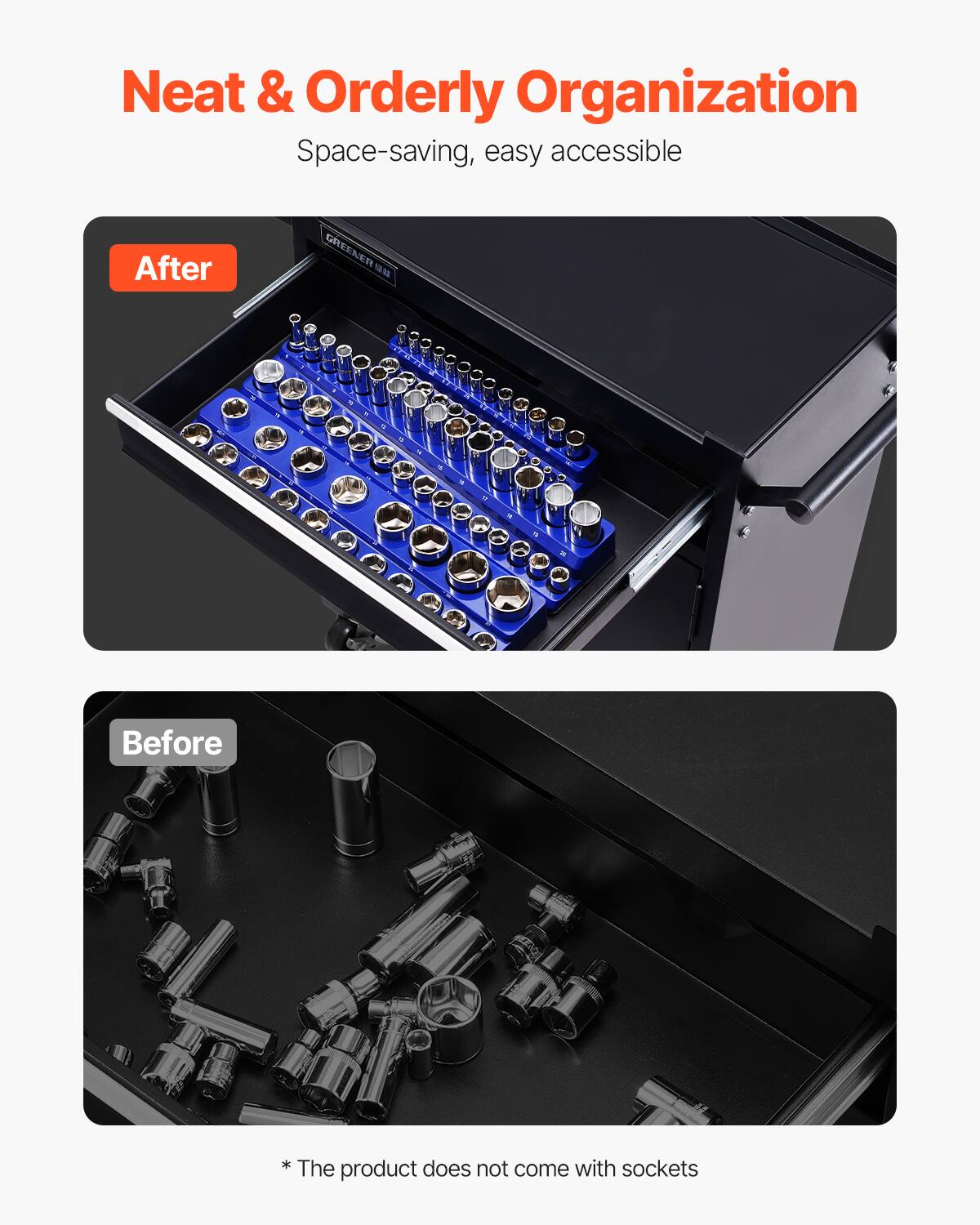 Neat & Orderly Organization  
Space-saving, easy accessible  

After  

Before  

*The product does not come with sockets