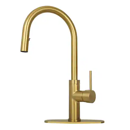 Front. Akicon - Akicon Single Handle Solid Brass Kitchen Faucet with Pull Down Sprayer in Brushed Gold - Brushed Gold.