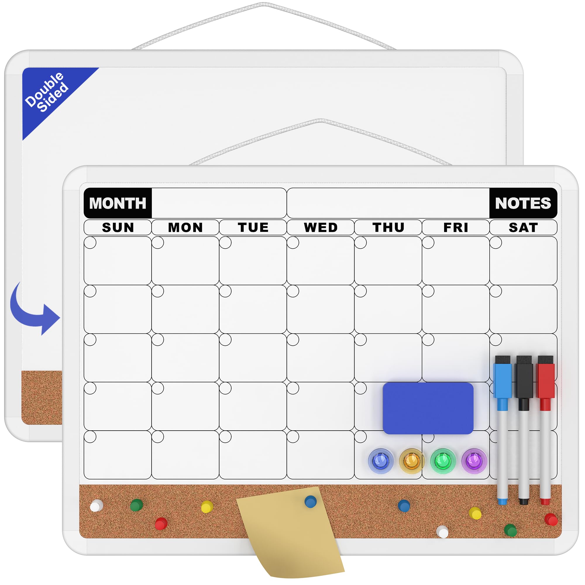 Stylel Star - Monthly Calendar Dry Erase Board 16x12 Inch Double-sided Whiteboard And Corkboard Combo Wall Mounted Planner Organizer