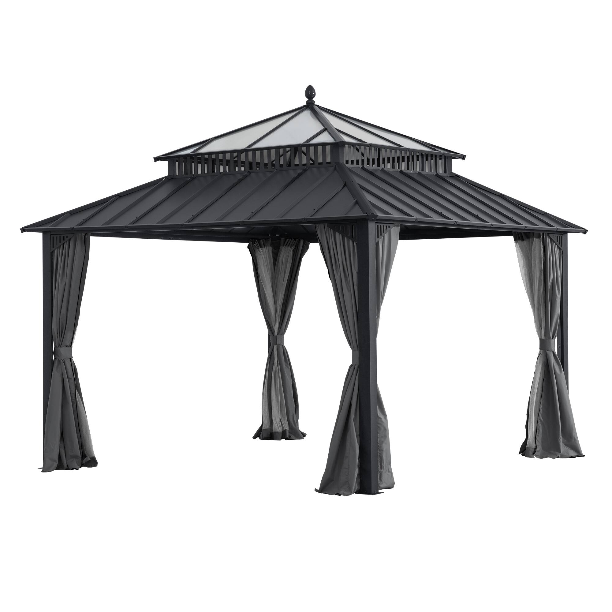 Angle. SUNJOY - SUNJOY Kingston 12x12 Gazebo, Steel & PC Roof Hardtop Gazebo with Curtain and Netting - Gray Aluminum Posts - Grey.