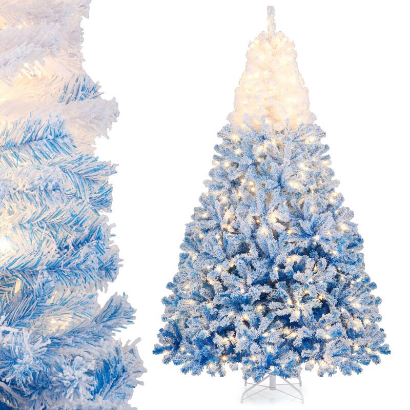 Left. WELLFOR - 8 ft Pre‑Decorated Pre‑Lit Artificial Christmas Tree, Gradient Snow‑Flocked Hinged Xmas Tree with 1774 Branch Tips - White & Blue.