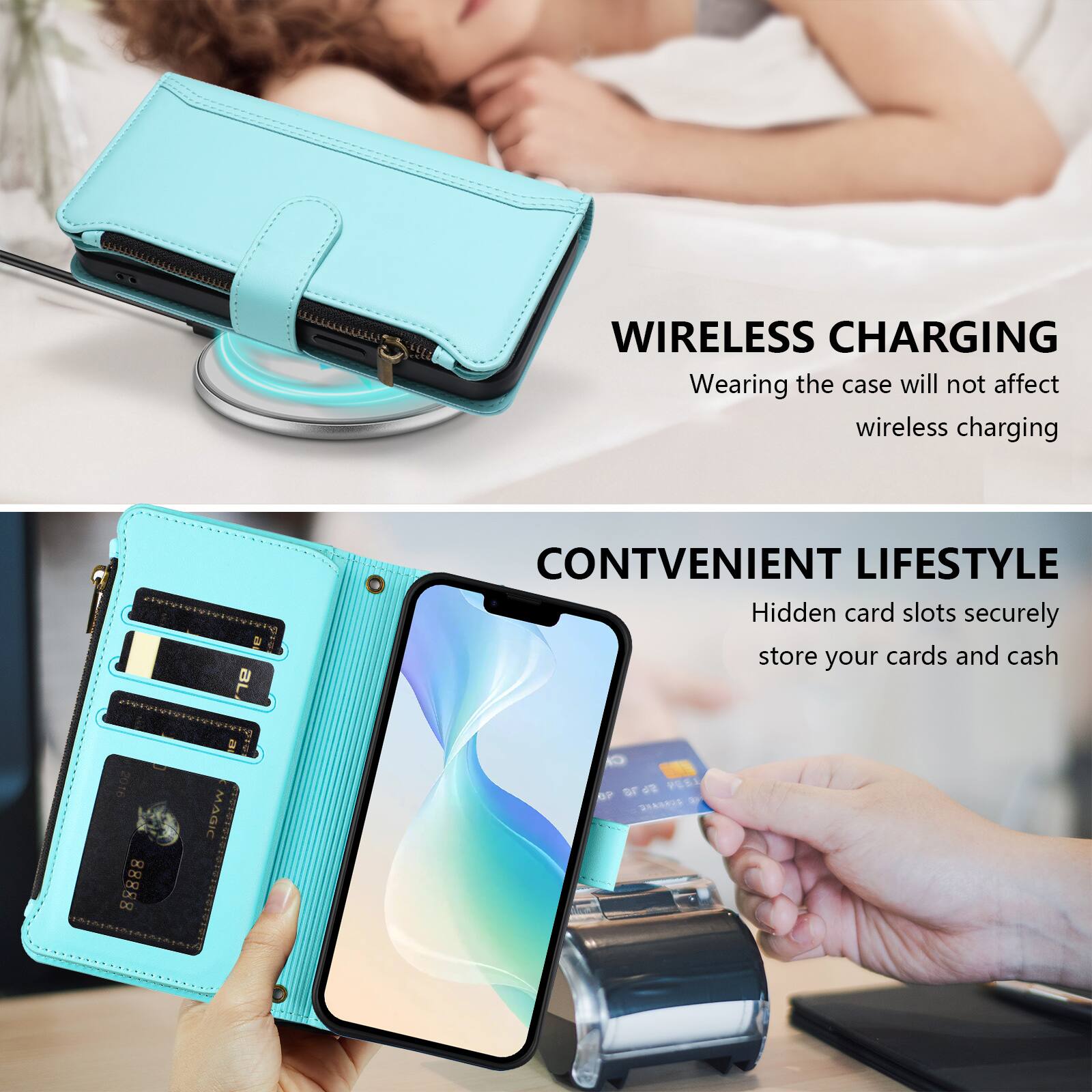 WIRELESS CHARGING  
Wearing the case will not affect wireless charging  

CONVENIENT LIFESTYLE  
Hidden card slots securely store your cards and cash