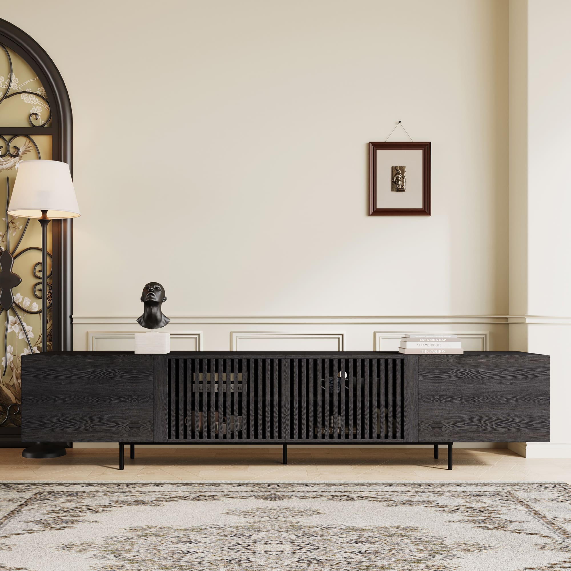 luck idea - 94.48" Modern TV Stand with Adjustable Shelves, Soft-Close Hinges & Cable Holes, Metal Legs for Home Living - Black