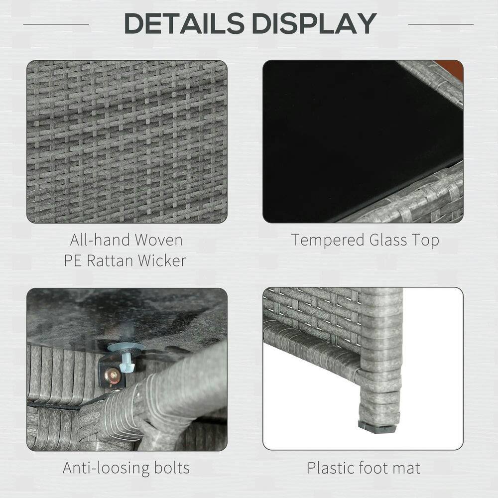 All-hand Woven, PE Rattan Wicker, Tempered Glass Top, Anti-loosing bolts, Plastic foot mat