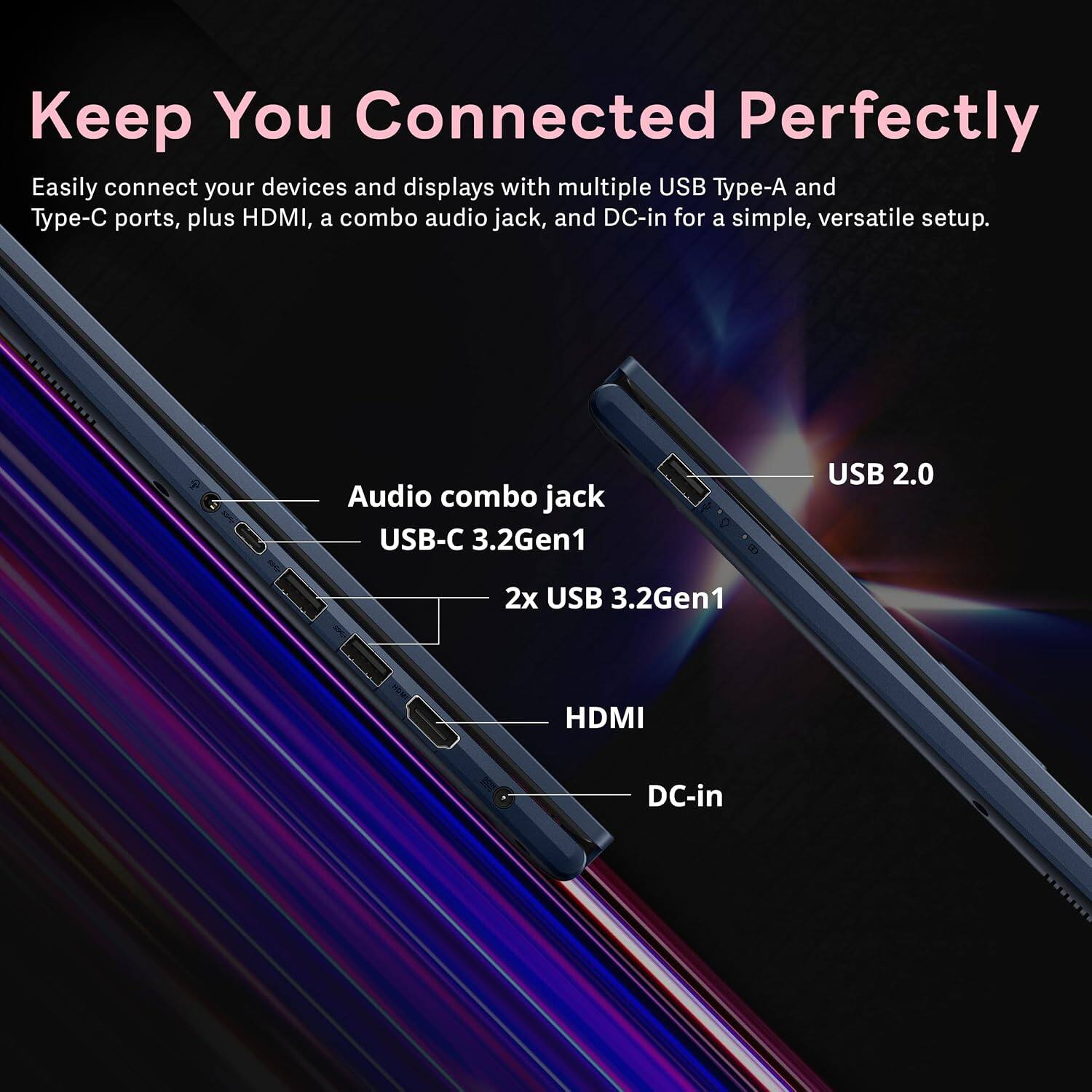 Keep You Connected Perfectly

Easily connect your devices and displays with multiple USB Type-A and Type-C ports, plus HDMI, a combo audio jack, and DC-in for a simple, versatile setup.

- Audio combo jack
- USB-C 3.2Gen1
- USB 2.0
- 2x USB 3.2Gen1
- HDMI
- DC-in