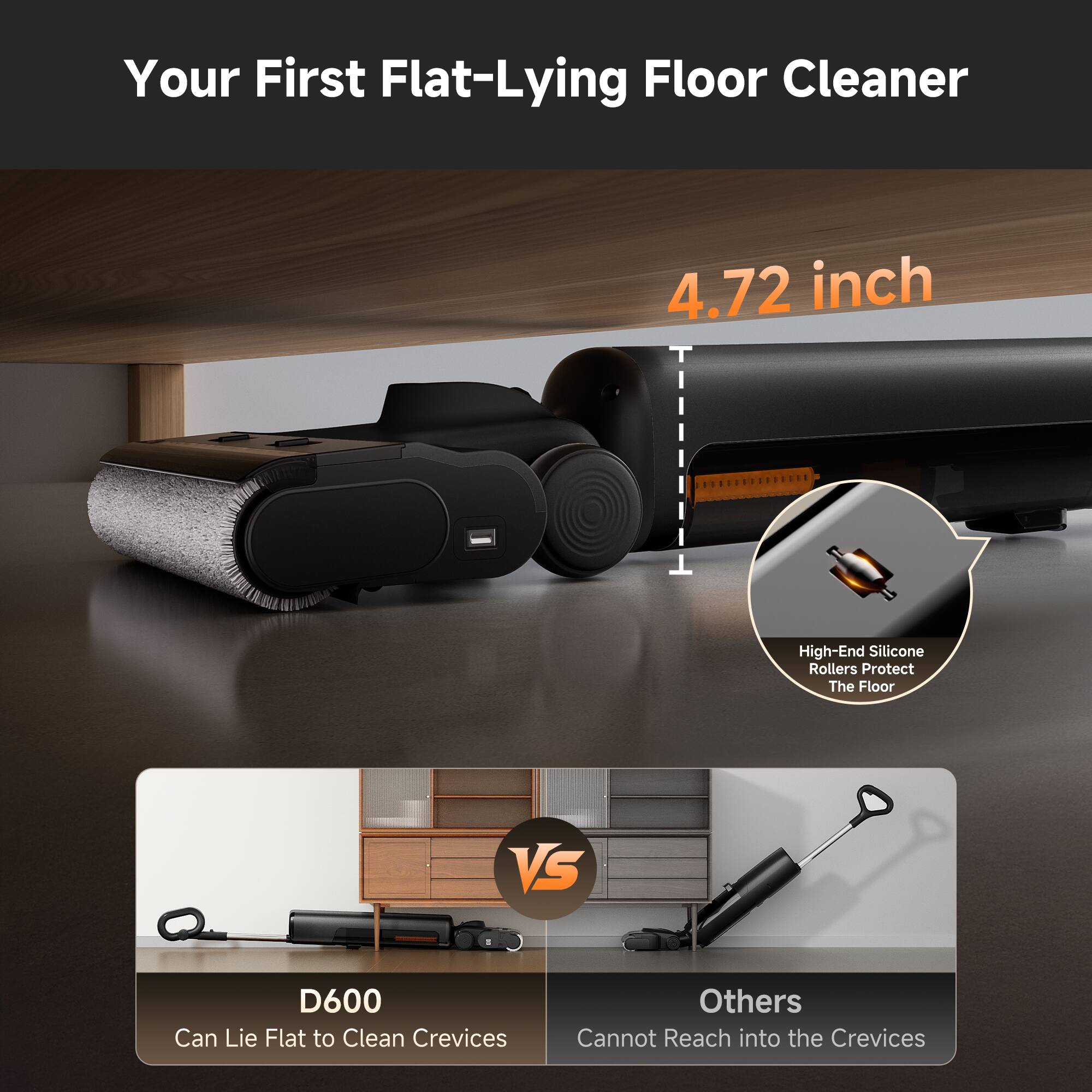 Your First Flat-Lying Floor Cleaner

4.72 inch

High-End Silicone Rollers Protect The Floor

VS

D600 Can Lie Flat to Clean Crevices

Others Cannot Reach into the Crevices