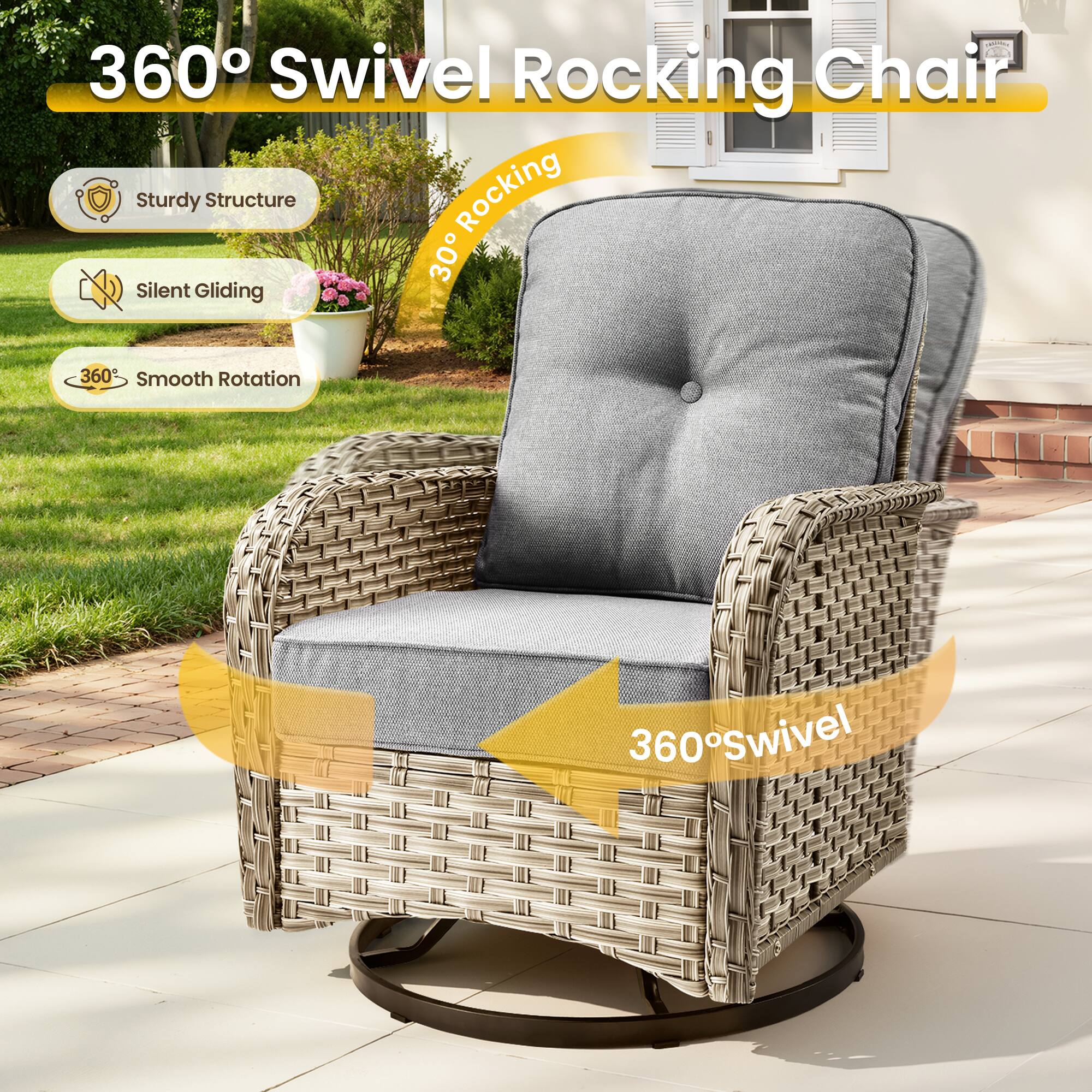 360° Swivel Rocking Chair

- Sturdy Structure
- Silent Gliding
- 360° Smooth Rotation

30° Rocking

360° Swivel