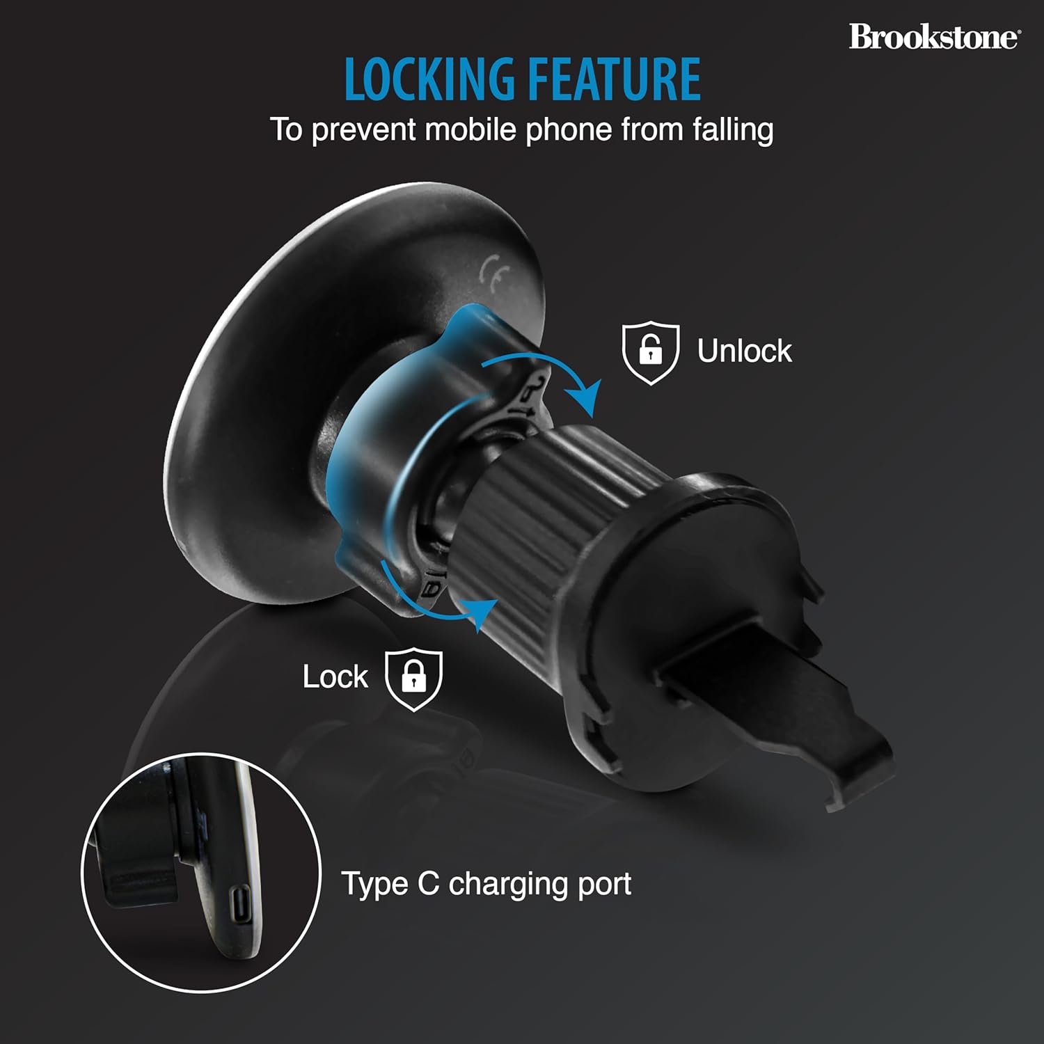 Brookstone LOCKING FEATURE To prevent mobile phone from falling

Unlock Lock Type C charging port