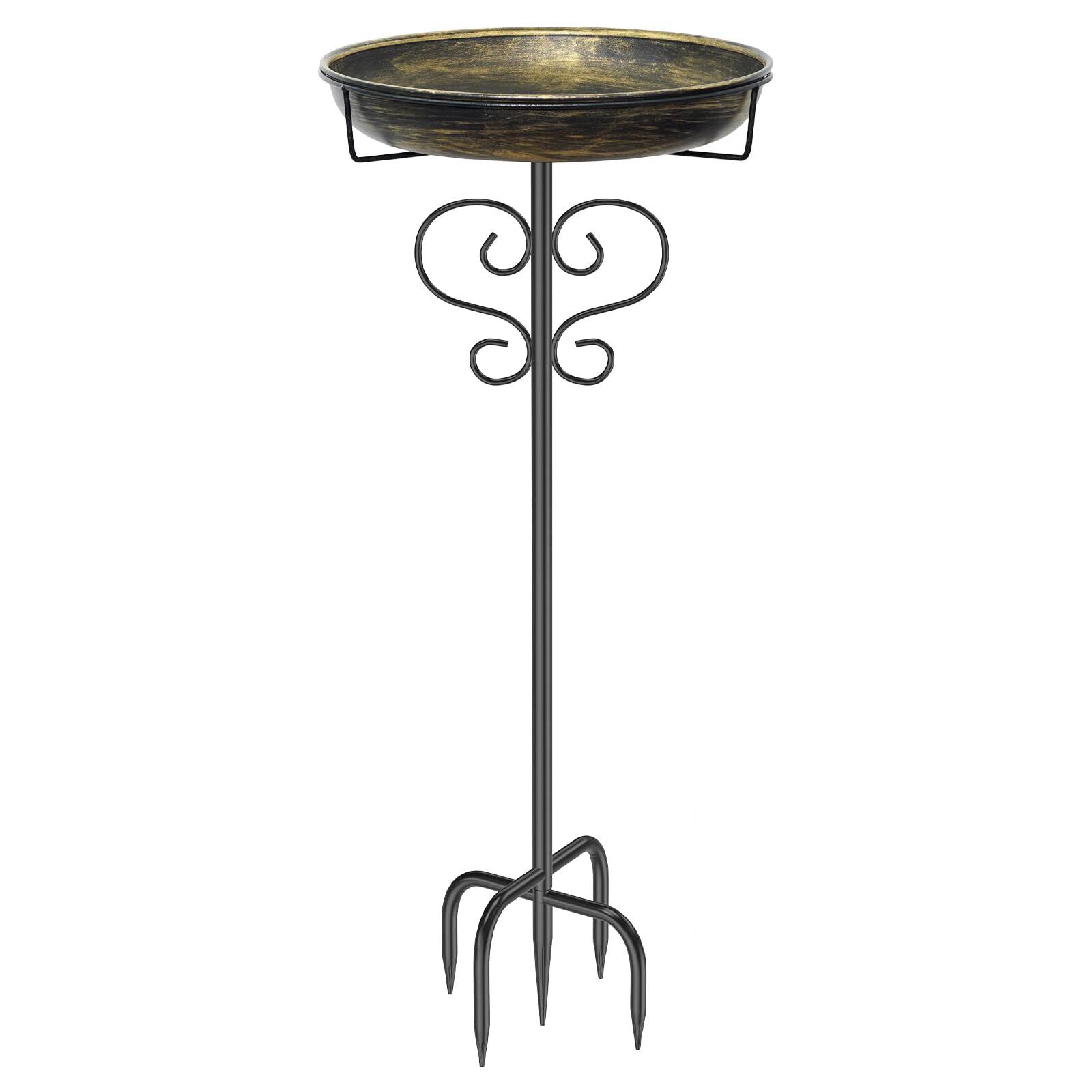 Front. Dazzed Corner - Metal Birdbath Birdfeeder with Heavy Duty 5 Prong Stake - Vintage Gold.